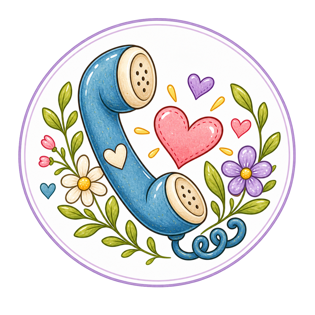 A Round sticker with a blue vintage rotary phone surrounded by colorful hearts and flowers, featuring green leaves and purple, red, and cream blossoms