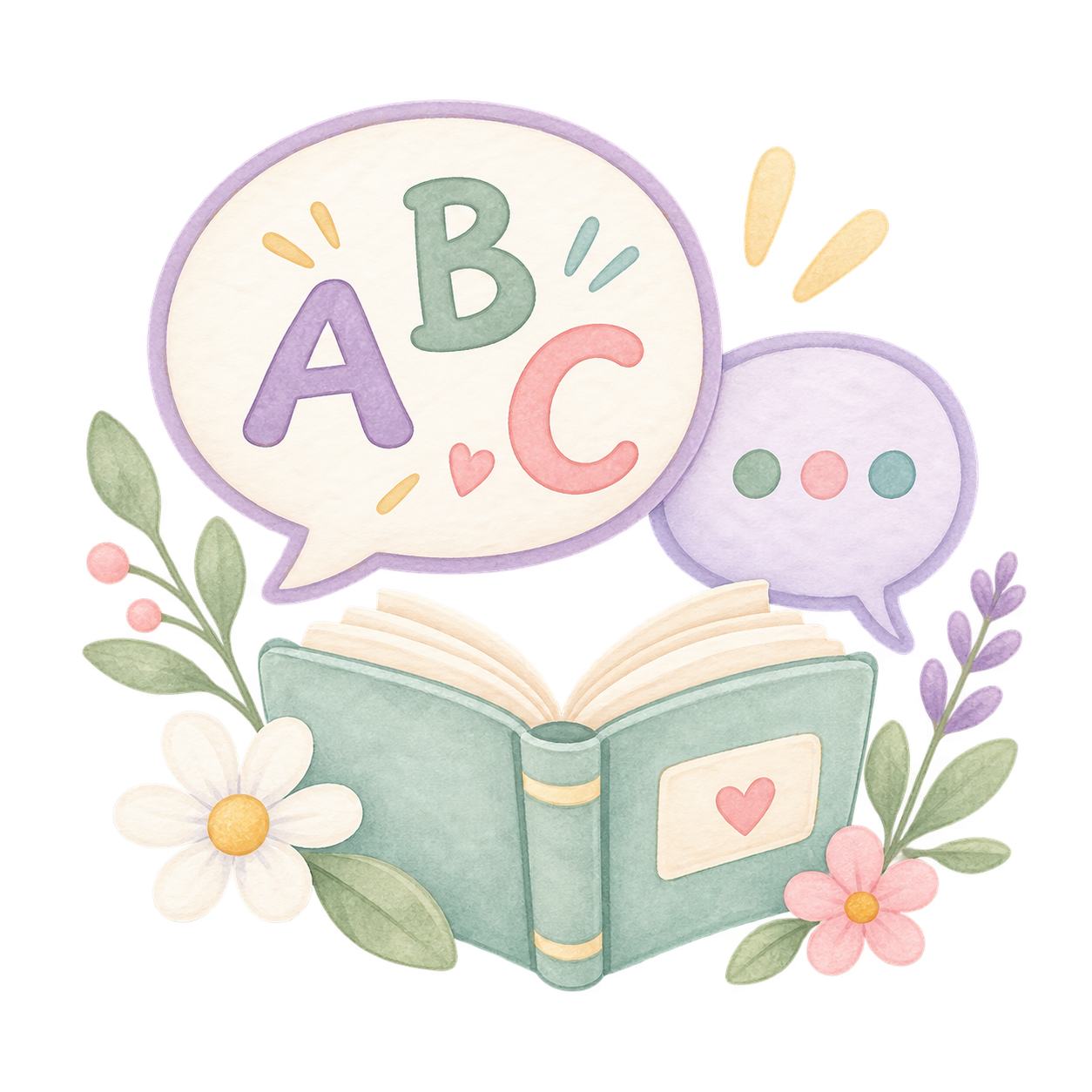 A watercolor illustration of an open book with floral decoration, speech bubbles with alphabet letters A, B, and C, and colorful accents.