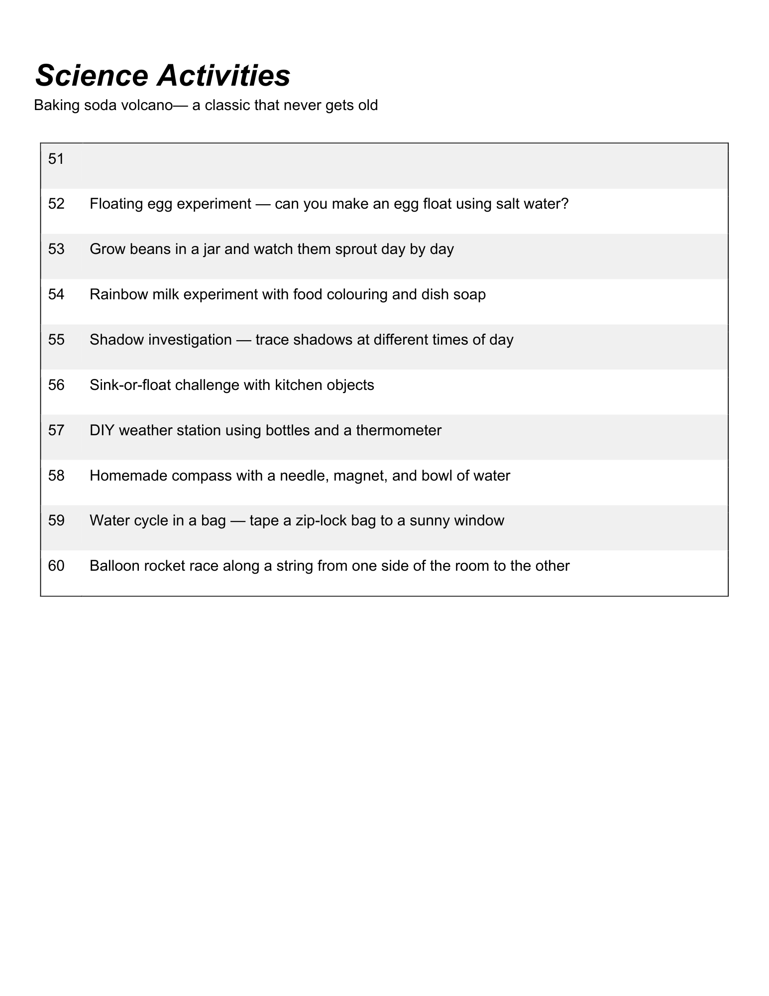 A list of science activities from a curriculum or worksheet, including experiments like floating eggs and baking soda volcanoes.