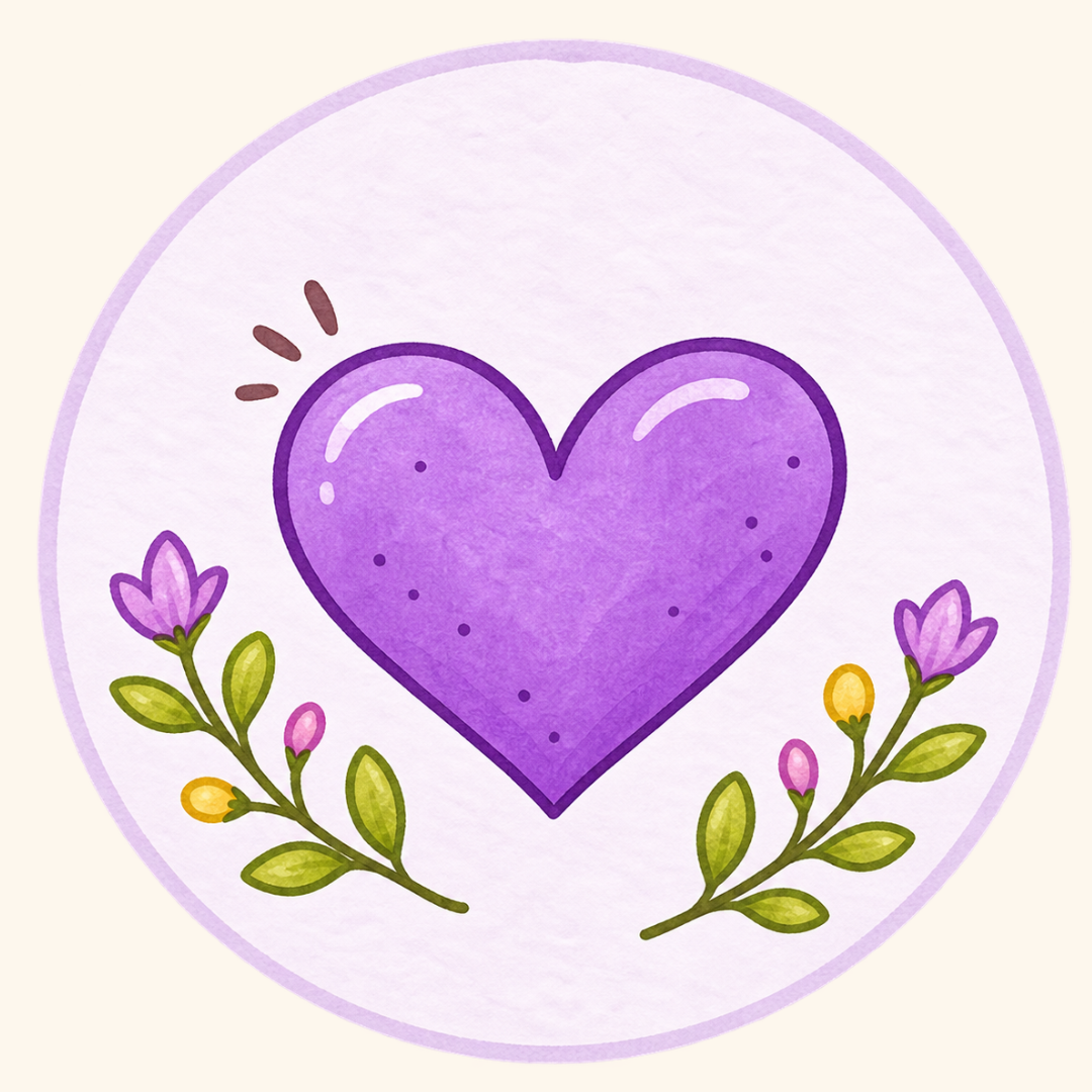 A purple heart with white highlights, surrounded by lavender flowers and green leaves on a light background.