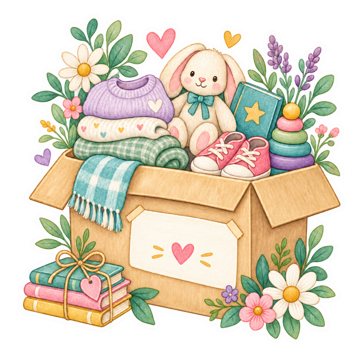 A cardboard box filled with children's items including folded clothes, a plush bunny toy, pink sneakers, stacking rings, a book, and surrounded by flowers and greenery.