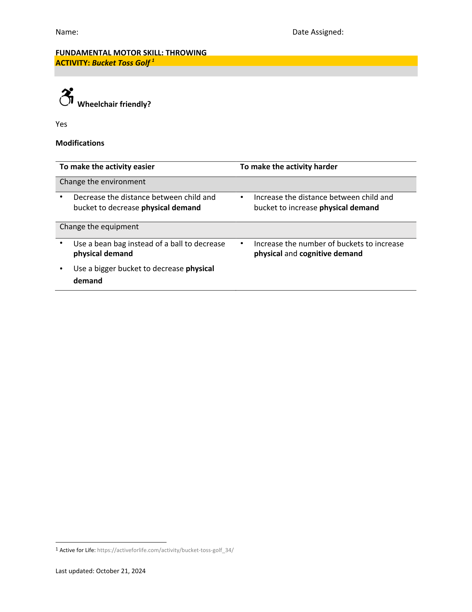 Document titled 'Fundamental Motor Skill: Throwing' with the activity 'Bucket Toss Golf,' including information about wheelchairs, modifications to make the activity easier or harder, and a URL link for more details.