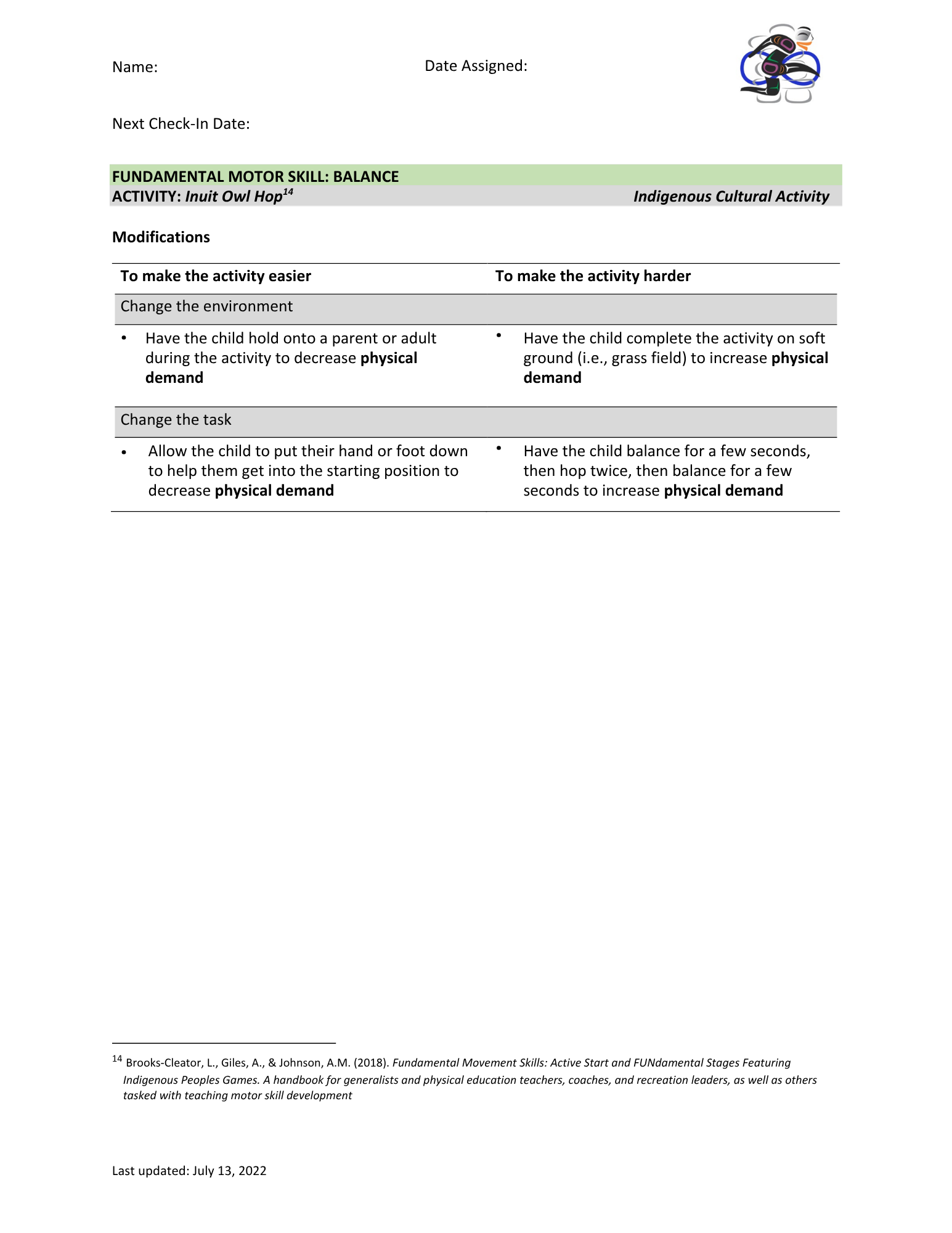 A document with a title about balance as a fundamental motor skill, featuring an illustration of a person in athletic gear jumping or dancing in the top right corner. The document discusses modifications for the Inuit Owl Hop activity, with tips on making it easier or harder.