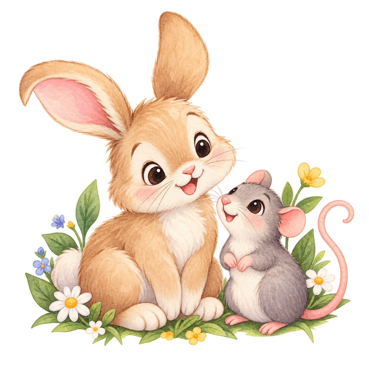 A cute illustration of a bunny and a mouse sitting among flowers and green leaves, smiling and looking at each other.