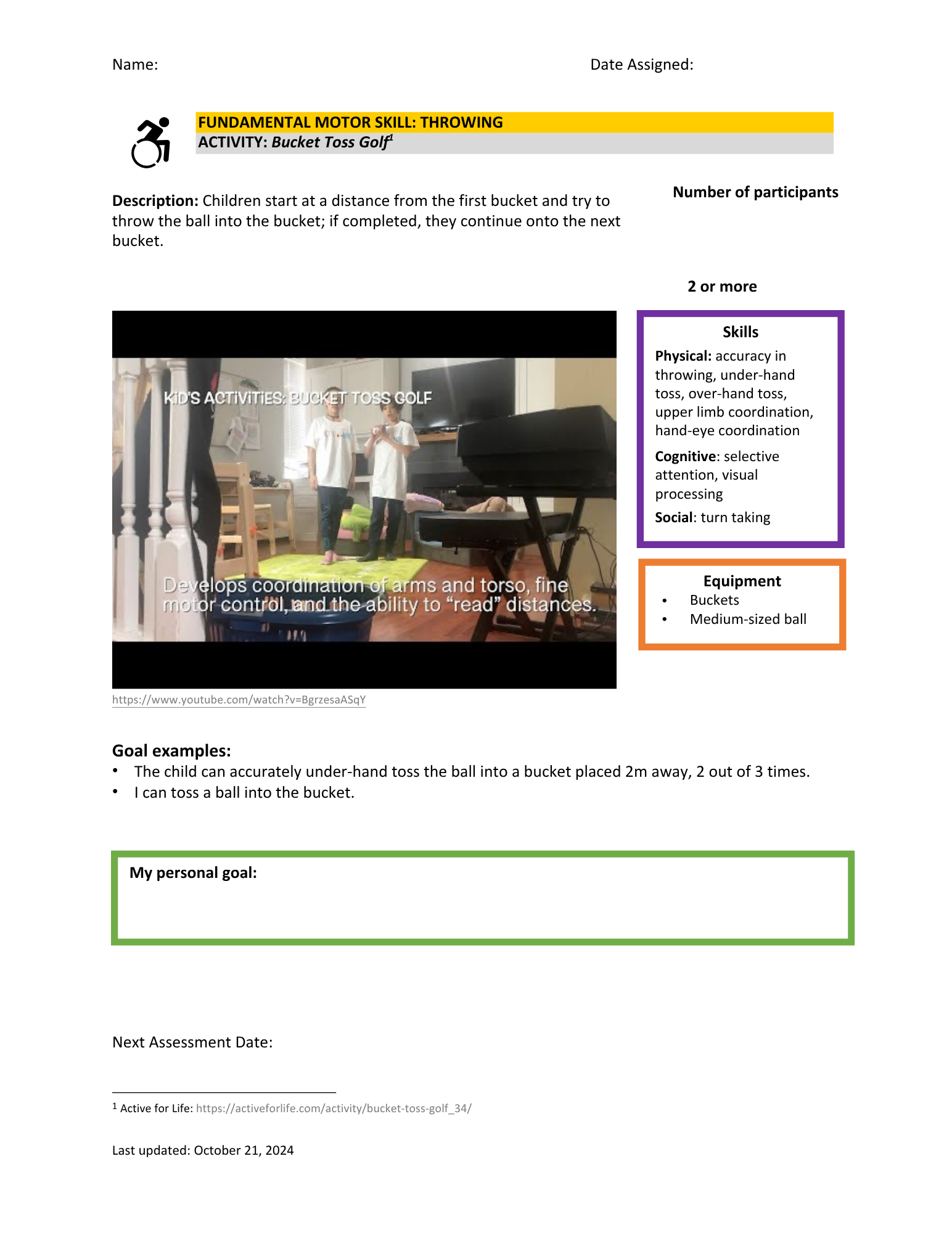 A worksheet for a kids' activity called Bucket Toss Golf, showing children indoors playing with balls and buckets, with text instructions and details about skills and equipment needed.