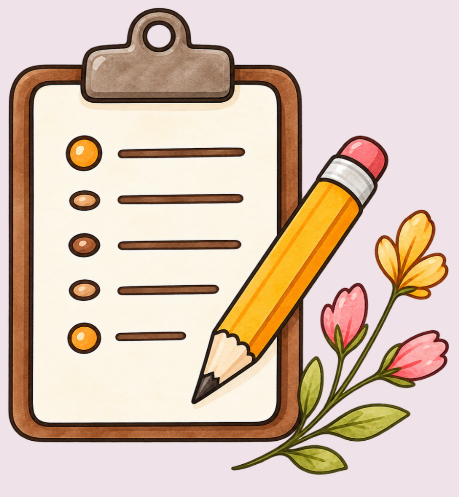 A checklist on a clipboard with a yellow pencil and pink and yellow flowers.