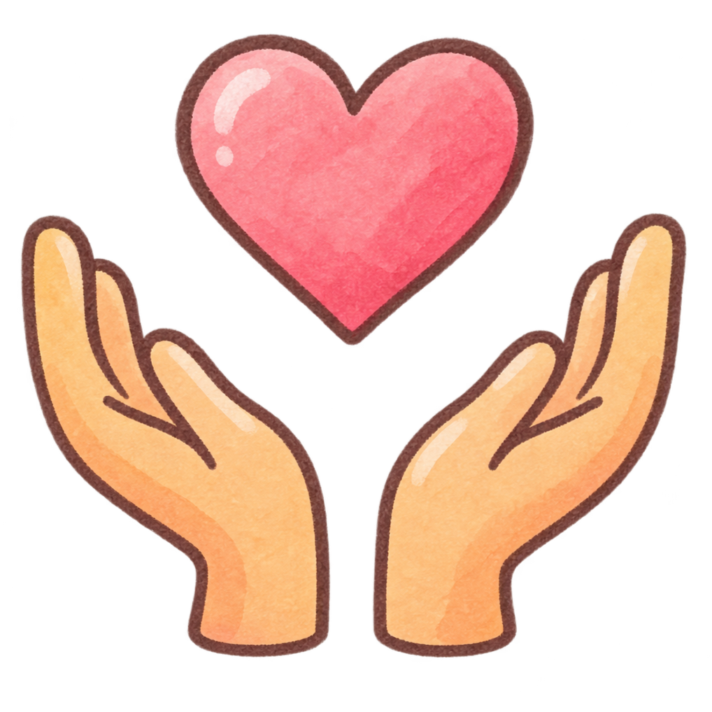 Two hands holding a red heart.