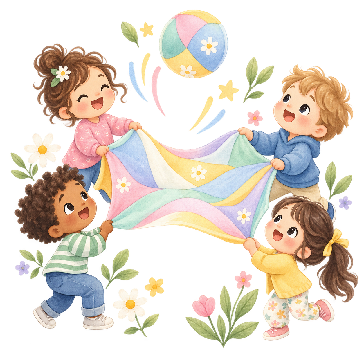 Four children playing with a colorful, flower-patterned cloth and a beach ball, surrounded by flowers and green leaves.