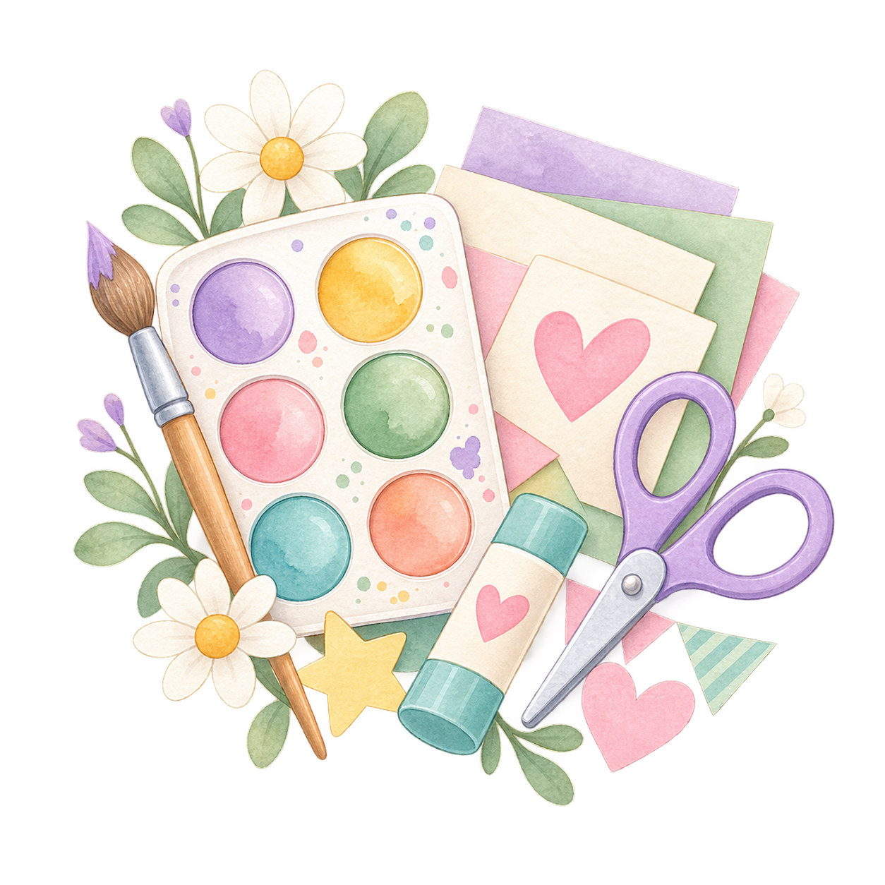 Watercolor painting of arts and crafts supplies including a watercolor paint set, paintbrush, scissors, glue stick, colored paper, and decorative paper with hearts and flowers.