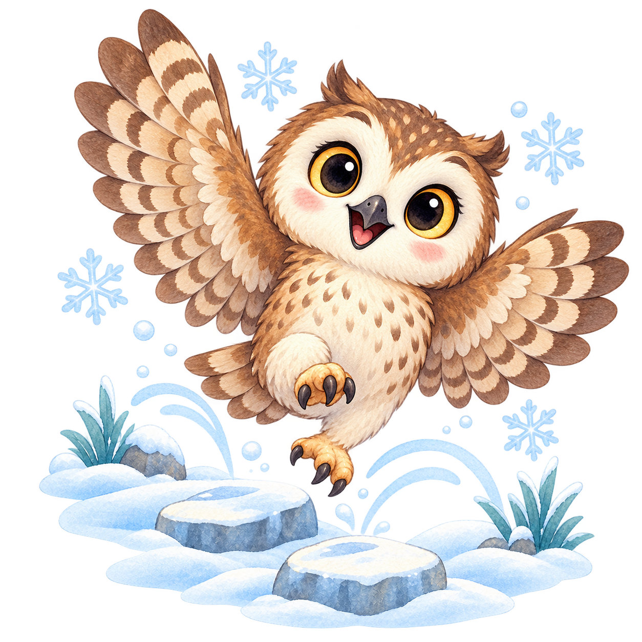 Cartoon owl flying over a snowy landscape with rocks, plants, and snowflakes.