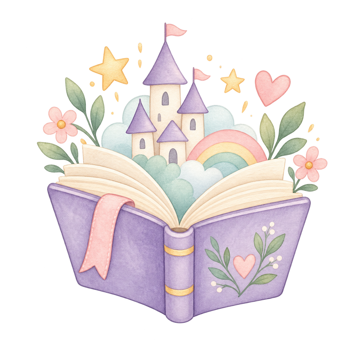 Watercolor illustration of a fantasy book with a purple cover, pink ribbon, and floral decorations, opening to reveal a fairy tale scene with a castle, rainbow, clouds, stars, hearts, and flowers.