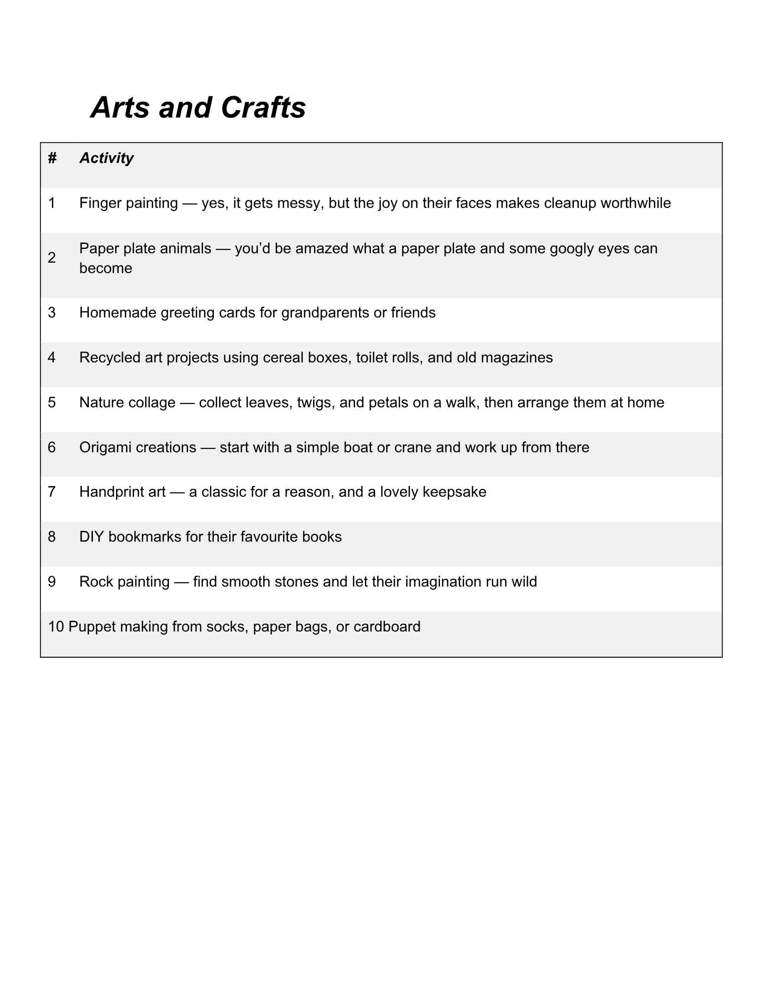 A page with a list titled "Arts and Crafts" and various activities related to arts and crafts, including finger painting, paper plate animals, homemade greeting cards, recycled art projects, nature collages, origami, handprint art, DIY bookmarks, rock painting, and puppet making.
