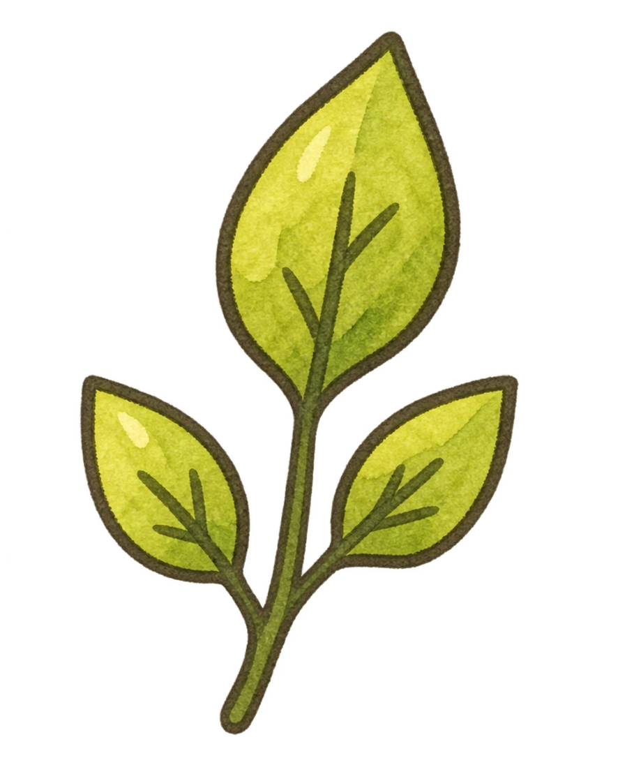Watercolor illustration of a green plant with three leaves on a single stem.