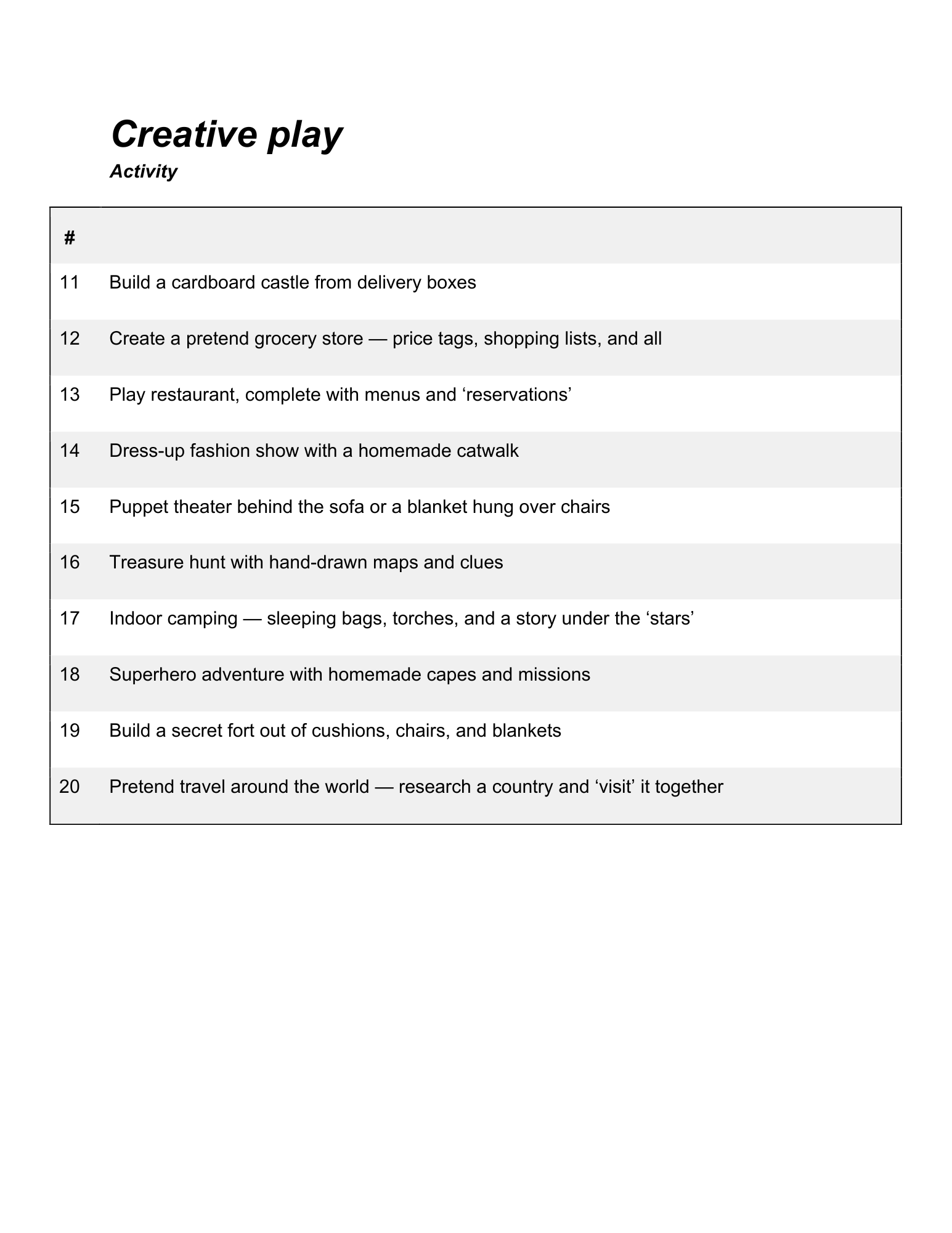 A document titled "Creative play" with a subtitle "Activity" and a list of activities numbered 11 to 20, including building a cardboard castle, creating a pretend grocery store, playing restaurant, dress-up fashion show, puppet theater, treasure hunt, indoor camping, superhero adventure, building a secret fort, and pretending to travel the world.