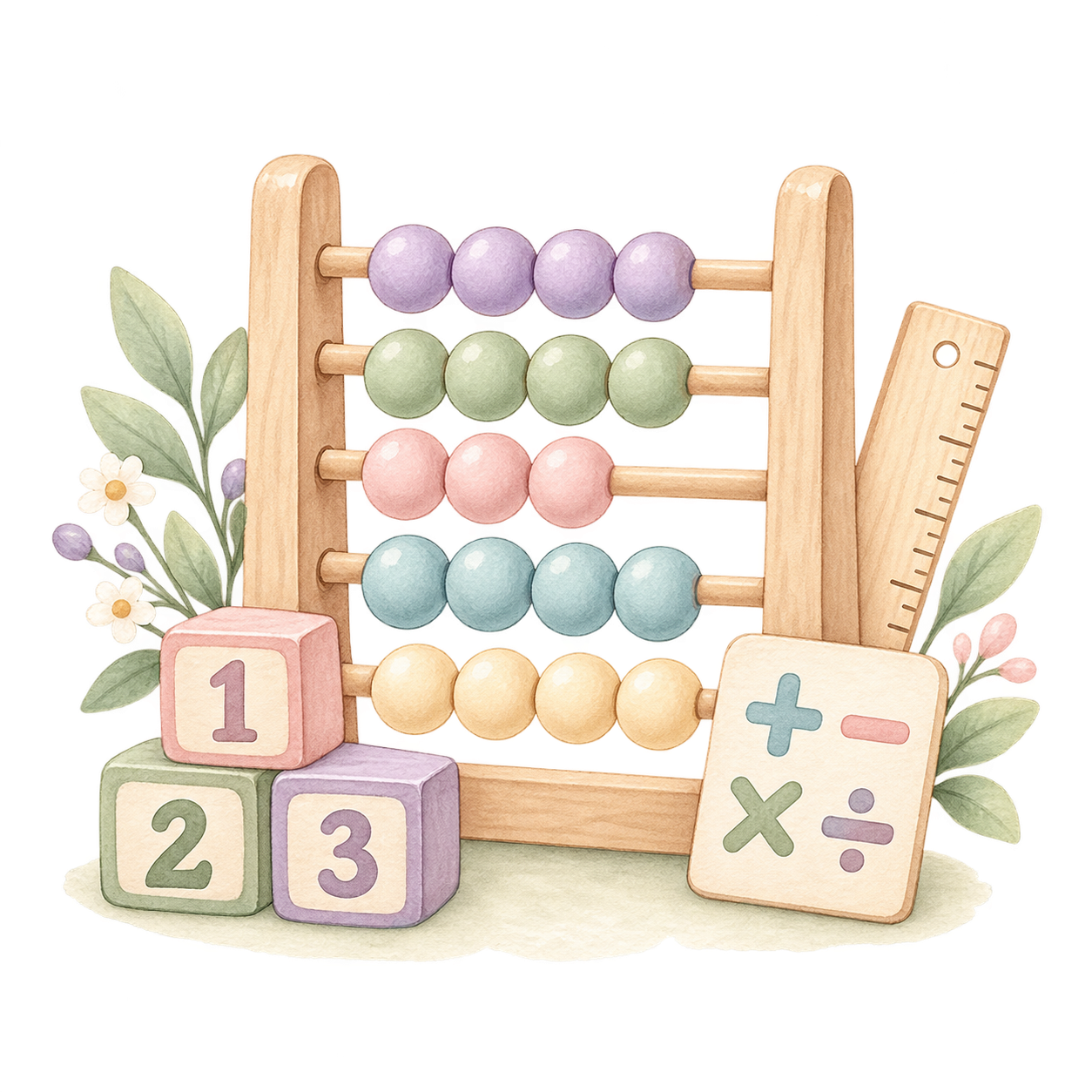 A watercolor illustration of a wooden abacus with colorful beads, surrounded by pastel-colored blocks with numbers, flowers, leaves, and a small chalkboard with math symbols, creating a playful educational scene.