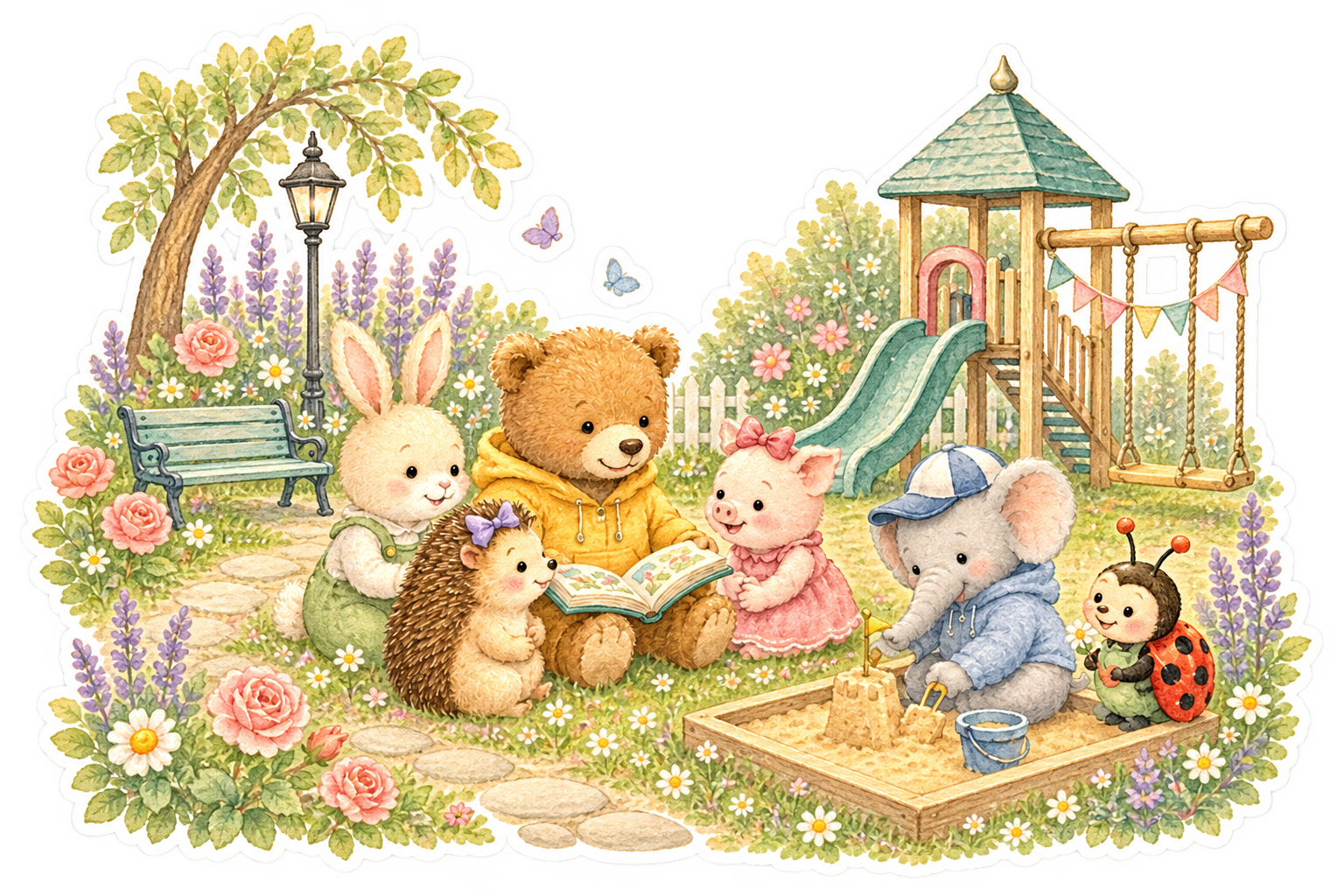 Illustration of forest animals in a garden, sitting around a bear reading a book. A rabbit, pig, hedgehog, elephant, and ladybug are present. The garden has flowers, a lamp post, a bench, a playground slide, and a sandbox with a sandcastle.