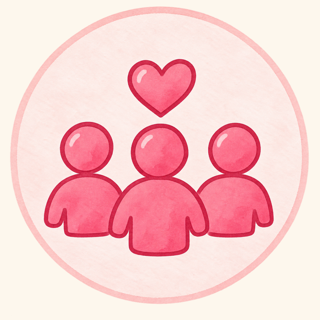 A pink watercolor-style illustration of three people with a red heart above the middle person, all inside a pink circle.