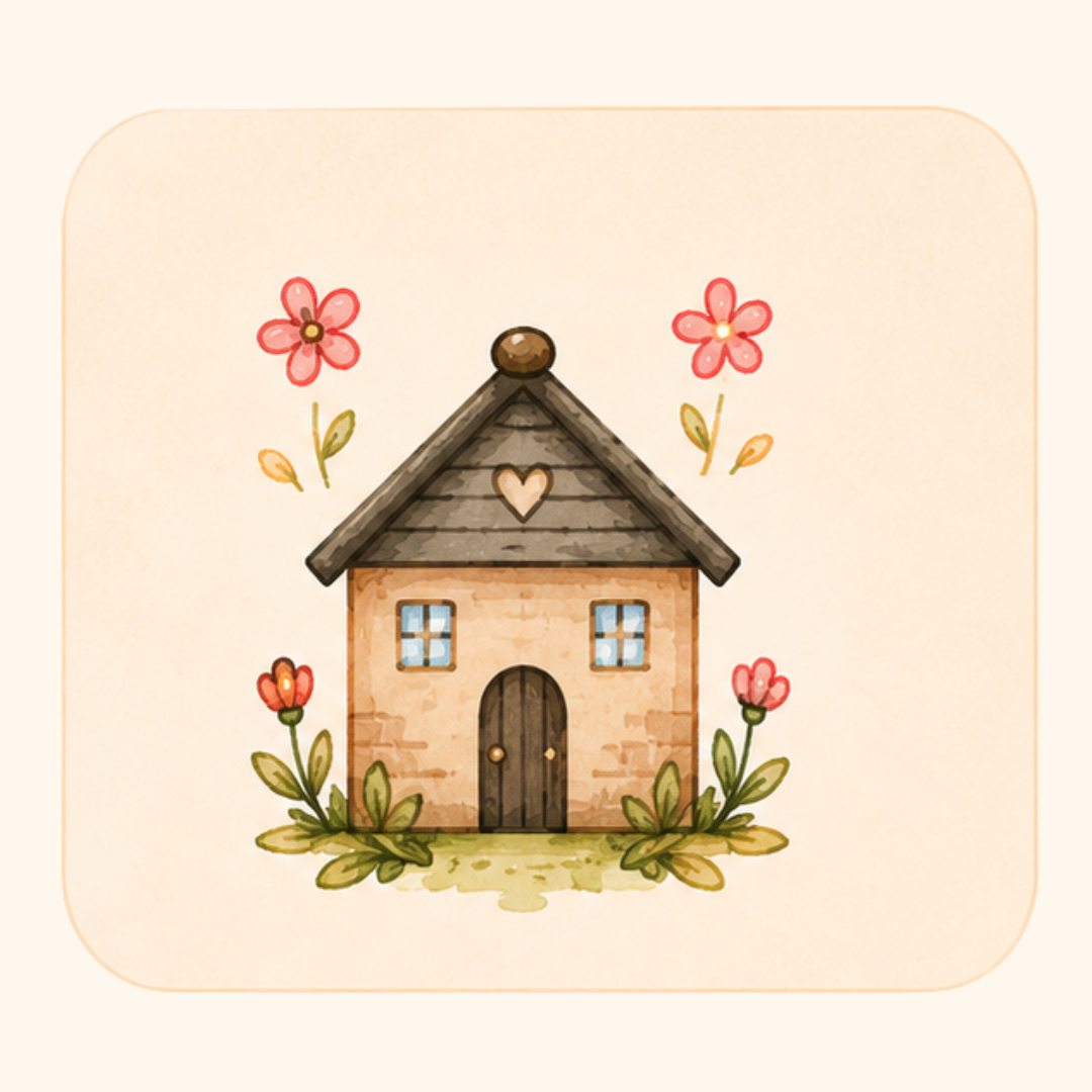 Cute watercolor illustration of a small house with a stone exterior, dark wooden door, and gray shingled roof, surrounded by pink and red flowers and green leaves.