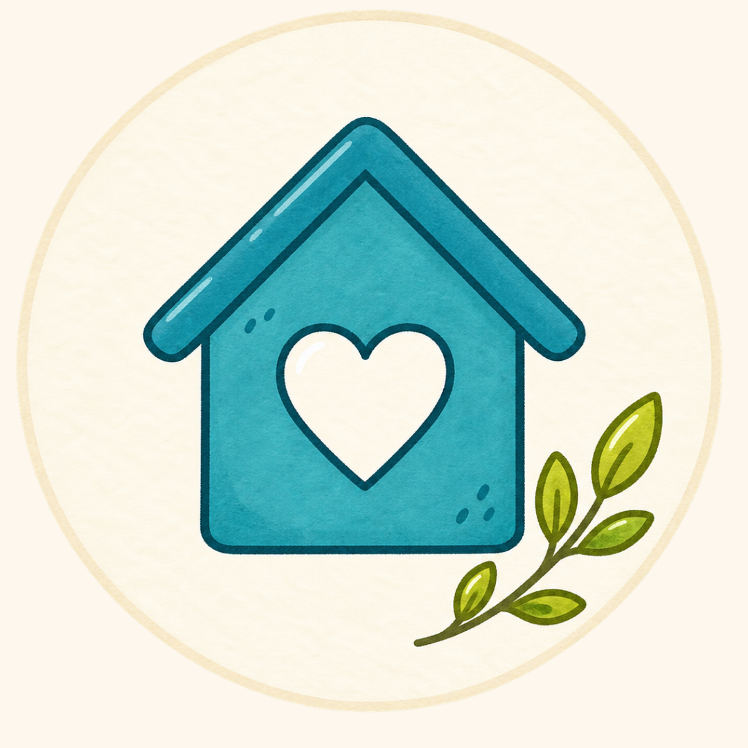 A blue house with a heart shape cutout in the center, surrounded by a branch with green leaves.
