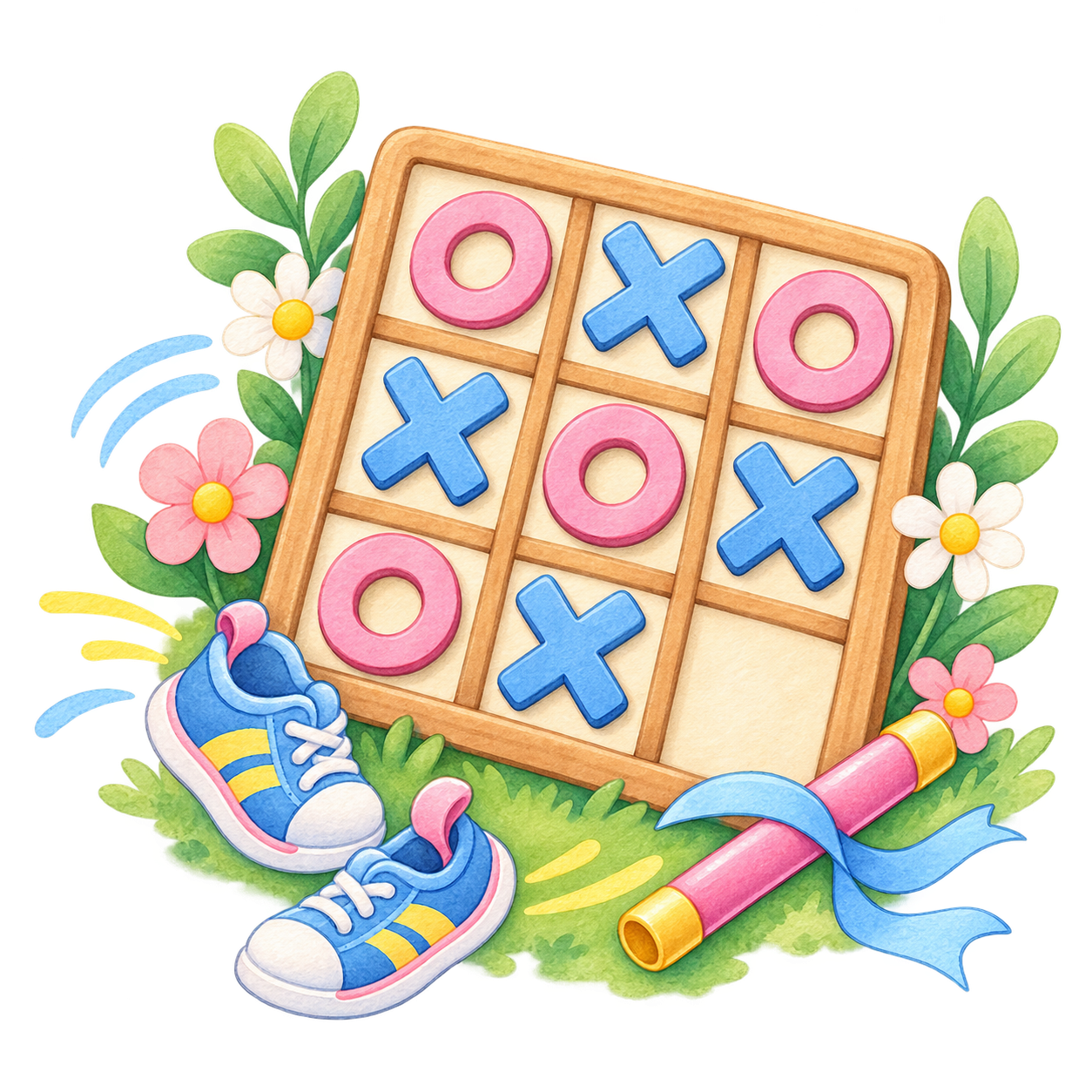 Colorful illustration of a tic-tac-toe game with pink O's and blue X's on a wooden board, surrounded by flowers, green leaves, a pair of blue athletic shoes, and a pink and yellow game piece with a ribbon.
