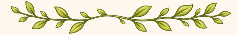 A decorative vine with green leaves extending horizontally.