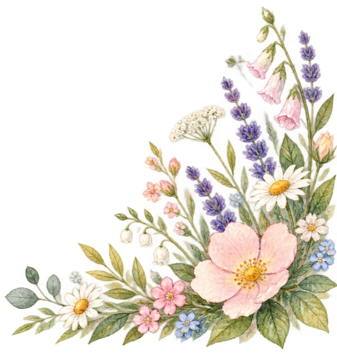 Arrangement of various colorful flowers including daisies, forget-me-nots, lavender, and pink poppies.