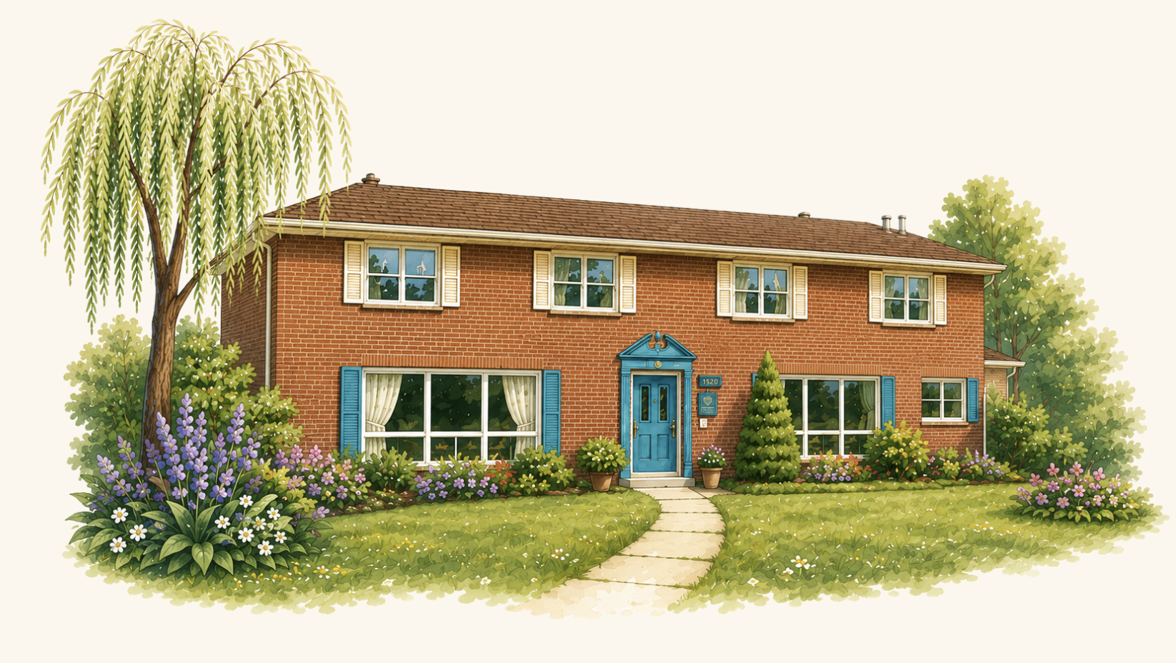 A two-story brick house with blue shutters and a blue front door, surrounded by lush green lawn, colorful flower bushes, small potted plants, and tall trees in a landscaped garden.