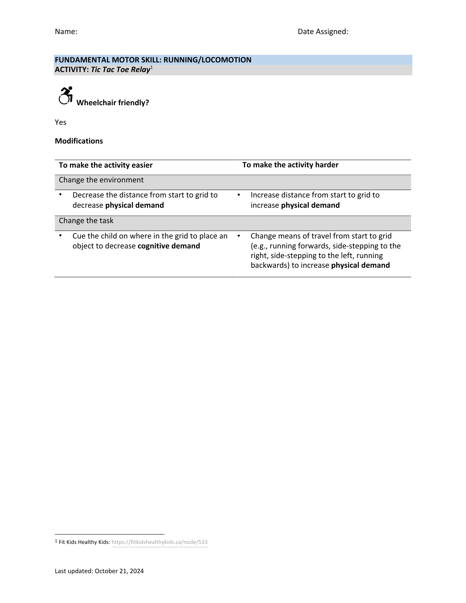 A printed educational worksheet titled 'Fundamental Motor Skill: Running/Locomotion,' with activity 'Tic Tac Toe Relay.' It discusses wheelchair accessibility, modifications to make activities easier or harder, including changing the environment and task, with points about distance, environment, and type of movement for children with different needs. The worksheet is dated October 21, 2024.