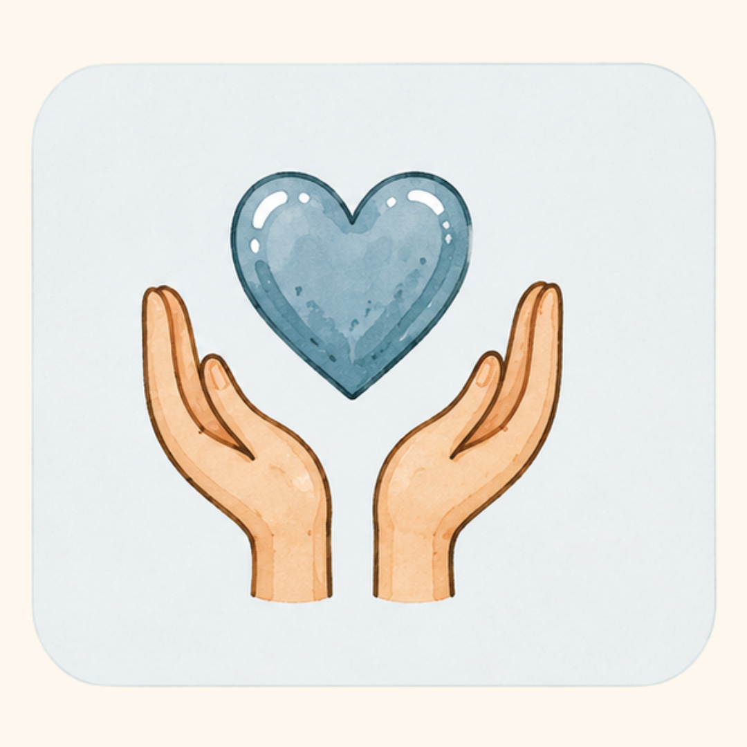 Illustration of two hands holding a blue heart.