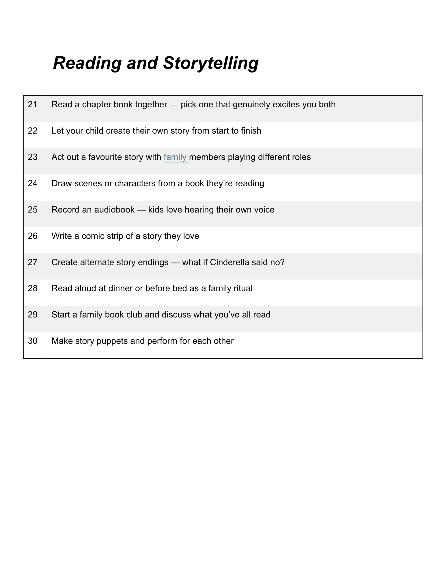 A page with the title 'Reading and Storytelling' and a list of activities related to children and reading, including reading the same chapter book, creating stories, acting out stories, drawing scenes, recording audiobooks, and writing or making stories.