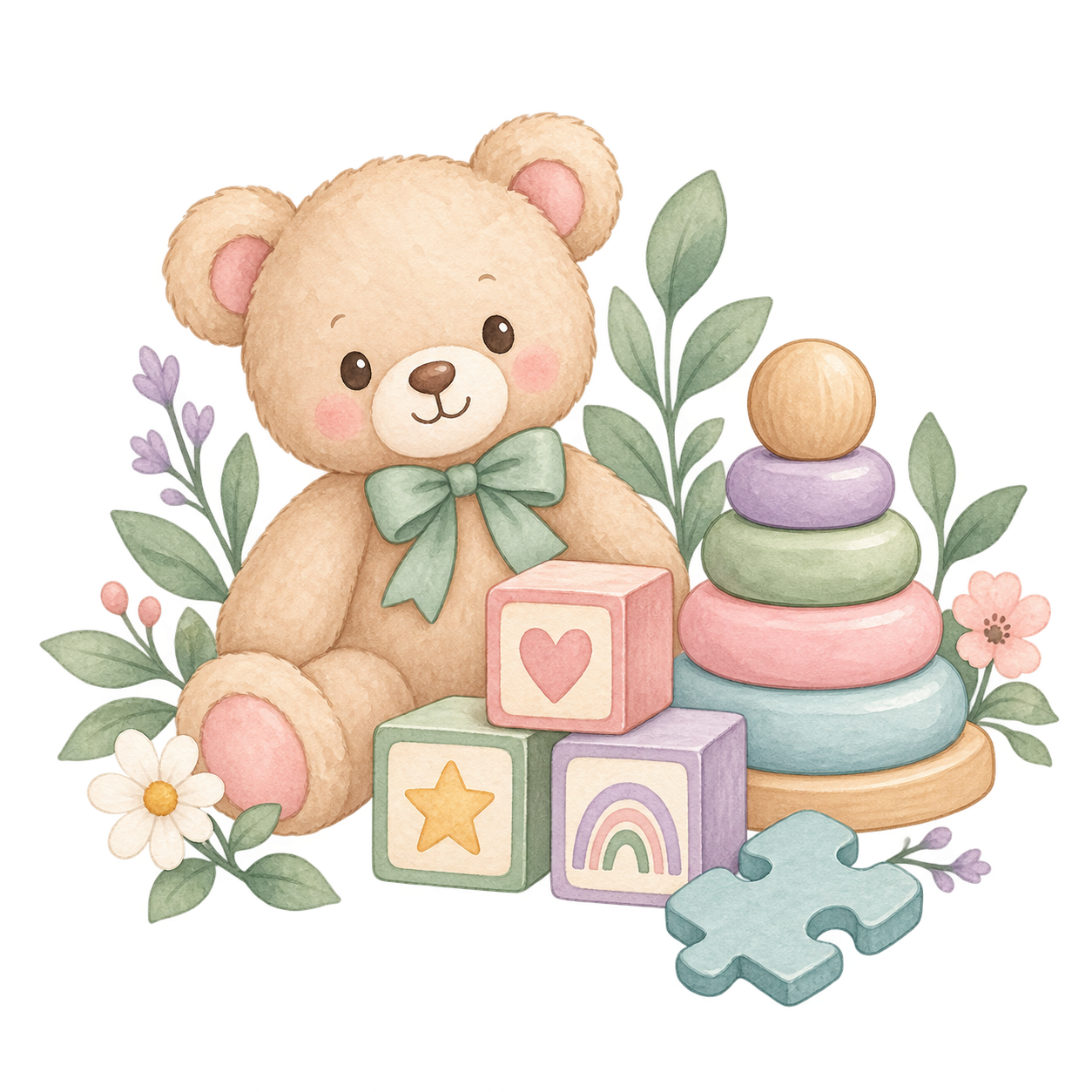 Watercolor illustration of a teddy bear with a green bow, surrounded by flowers, pastel blocks with hearts, stars, and a rainbow, a stacking toy, and a puzzle piece.