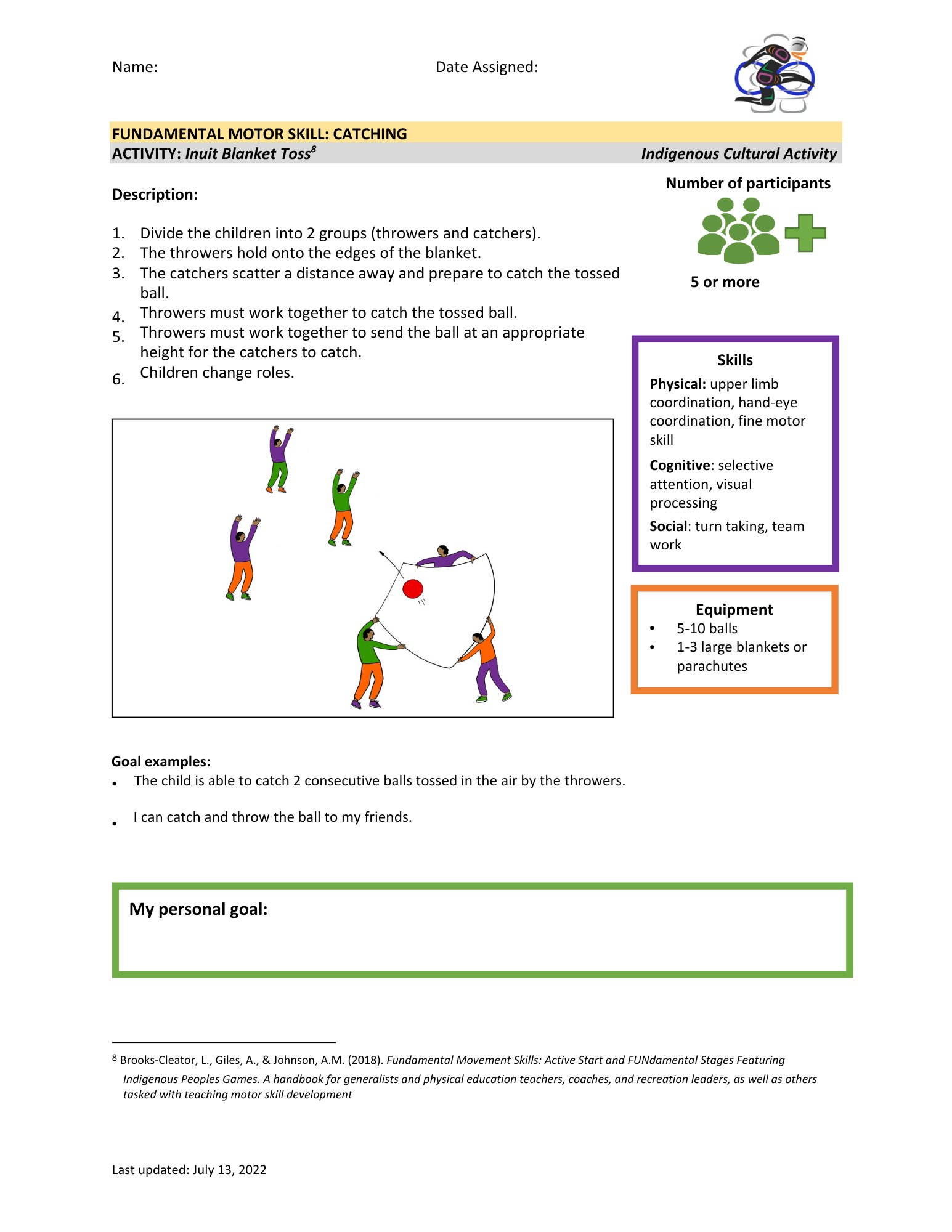 A worksheet for a children's motor skill activity titled 'Inuit Blanket Toss'. It includes instructions for a game involving children divided into two groups, using a large blanket to toss a ball, with skills focus on physical, cognitive, and social development, and an illustration of children tossing a ball with a blanket.