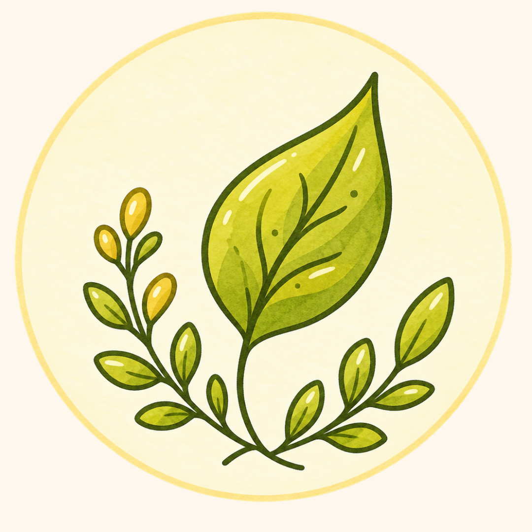 A hand-drawn illustration of green leaves and small branches inside a light yellow circle.