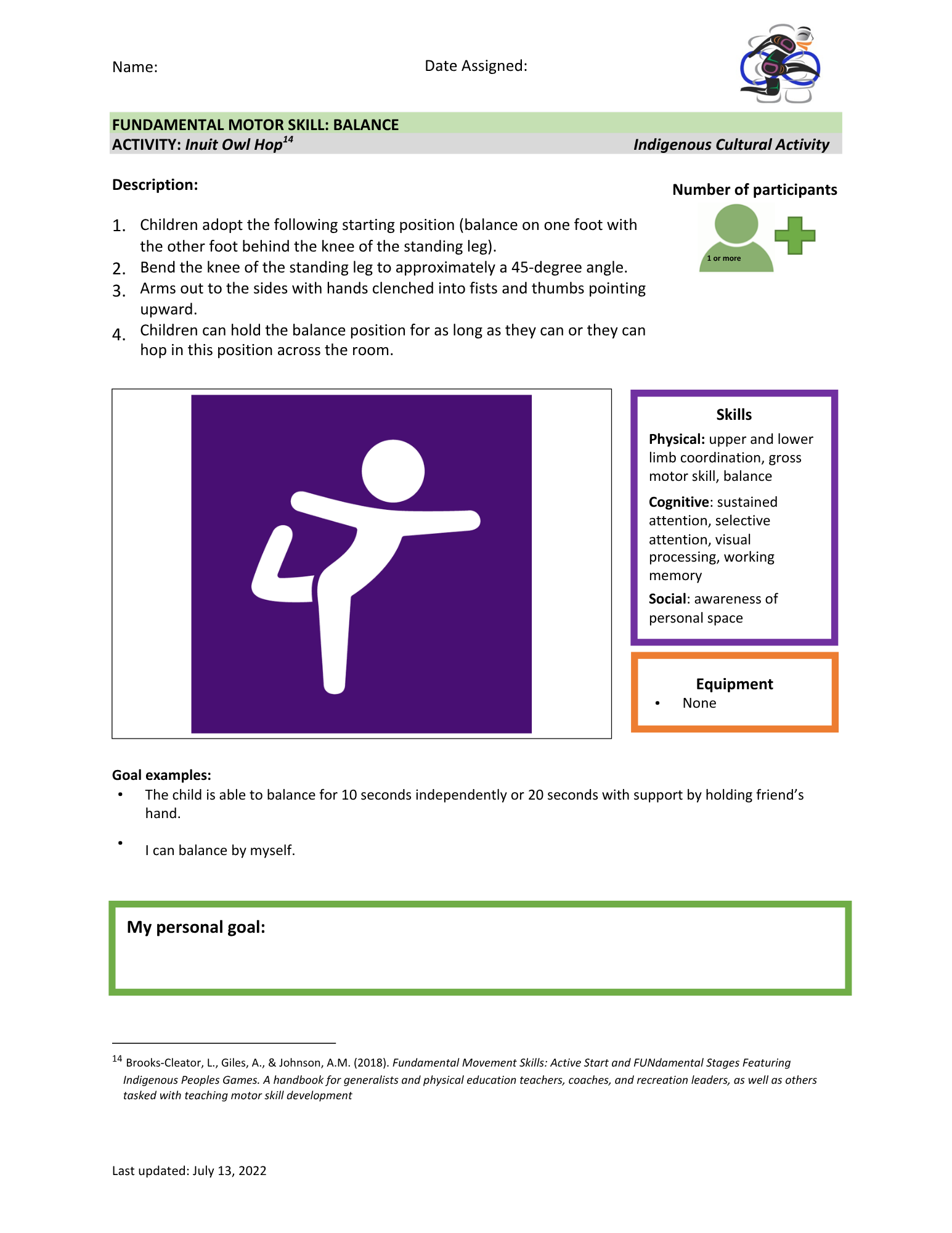 Education worksheet titled 'Fundamental Motor Skill: Balance' with instructions for an Inuit Owl Hop activity, a purple icon of a person balancing on one leg, and textual sections for goal setting and personal goals.