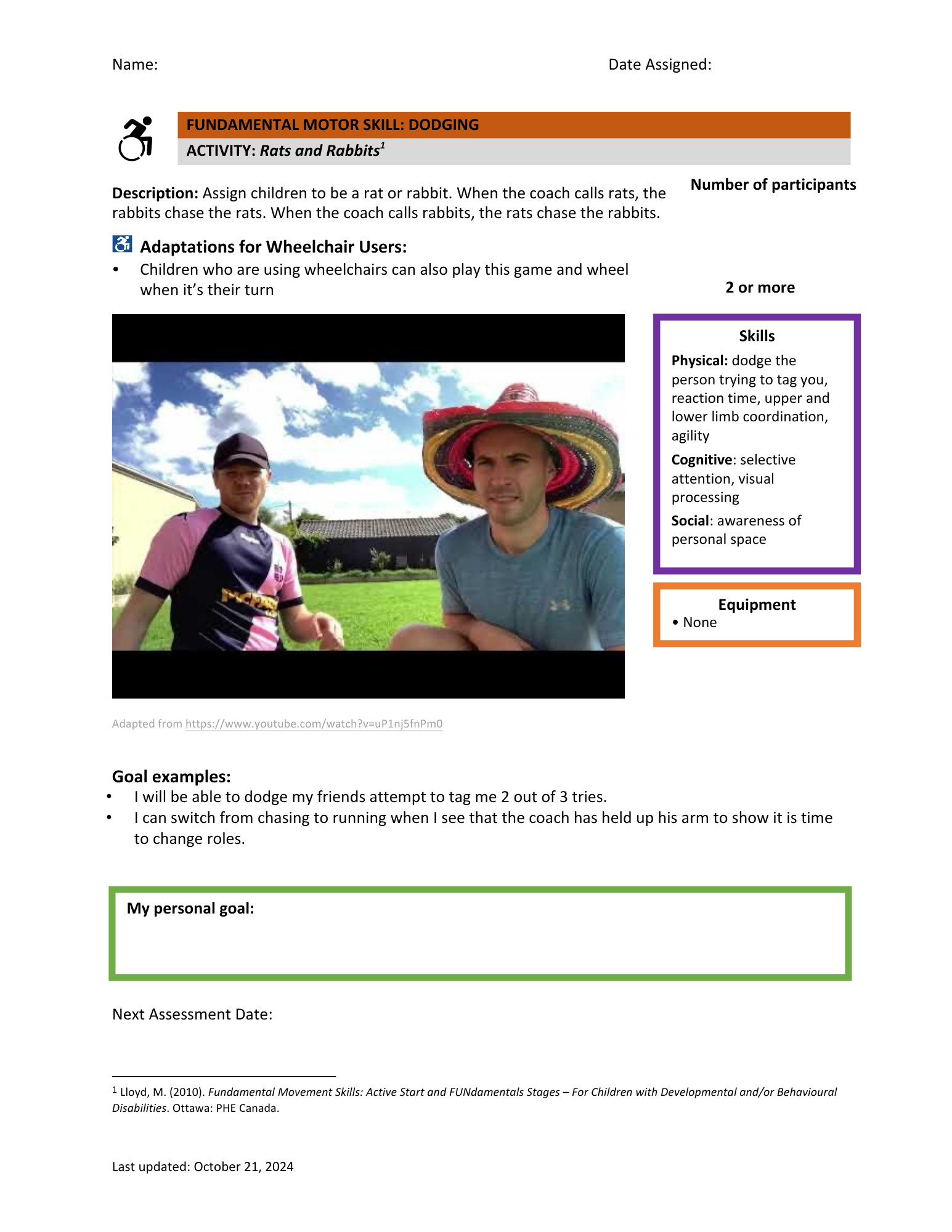 A worksheet designed for children to practice fundamental motor skill: dodging. The worksheet features a picture of two people outside, with one wearing a colorful sombrero hat, and includes sections for description, skills, goal examples, and assessment details.
