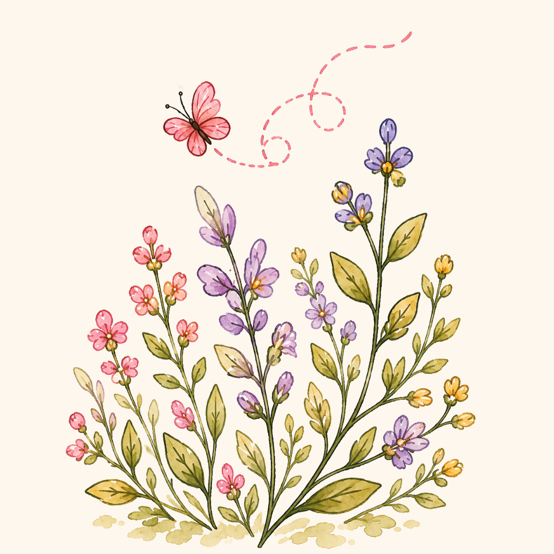 A watercolor illustration of pink, purple, and yellow flowers with a pink butterfly flying above, leaving a dotted flight trail.