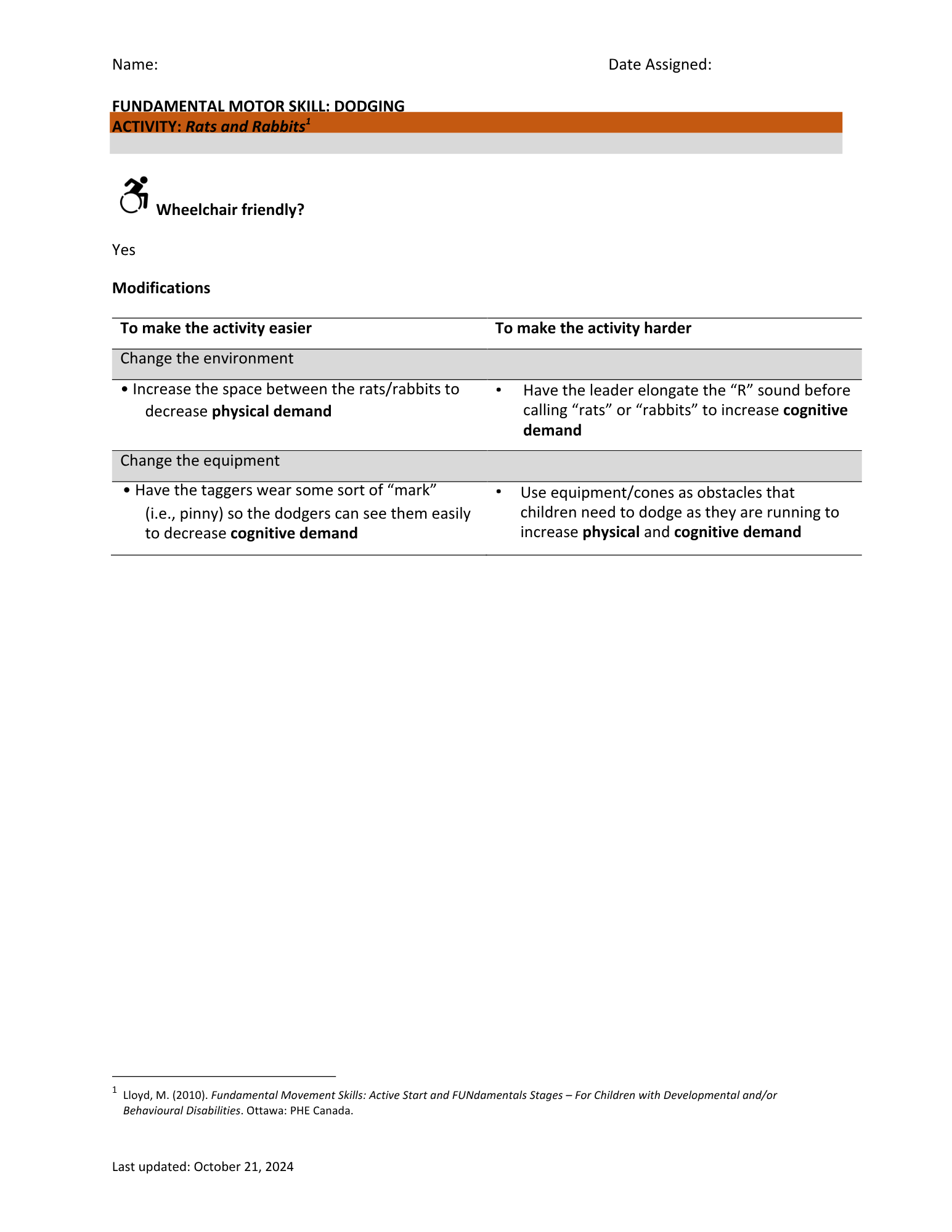 A printed worksheet titled 'Fundamental Motor Skill: Dodging' with a section about an activity called 'Rats and Rabbits' that includes tips for making the activity easier or harder, such as changing the environment or equipment, and using cues or obstacles to modify the difficulty.