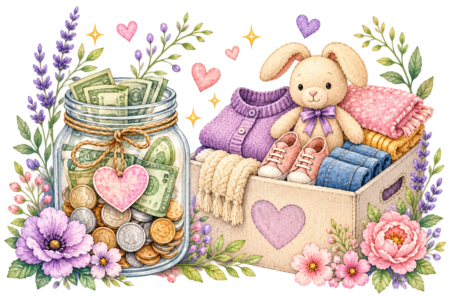 A jar filled with cash and coins, surrounded by flowers, next to a box with folded clothes, a teddy bear, and baby shoes.