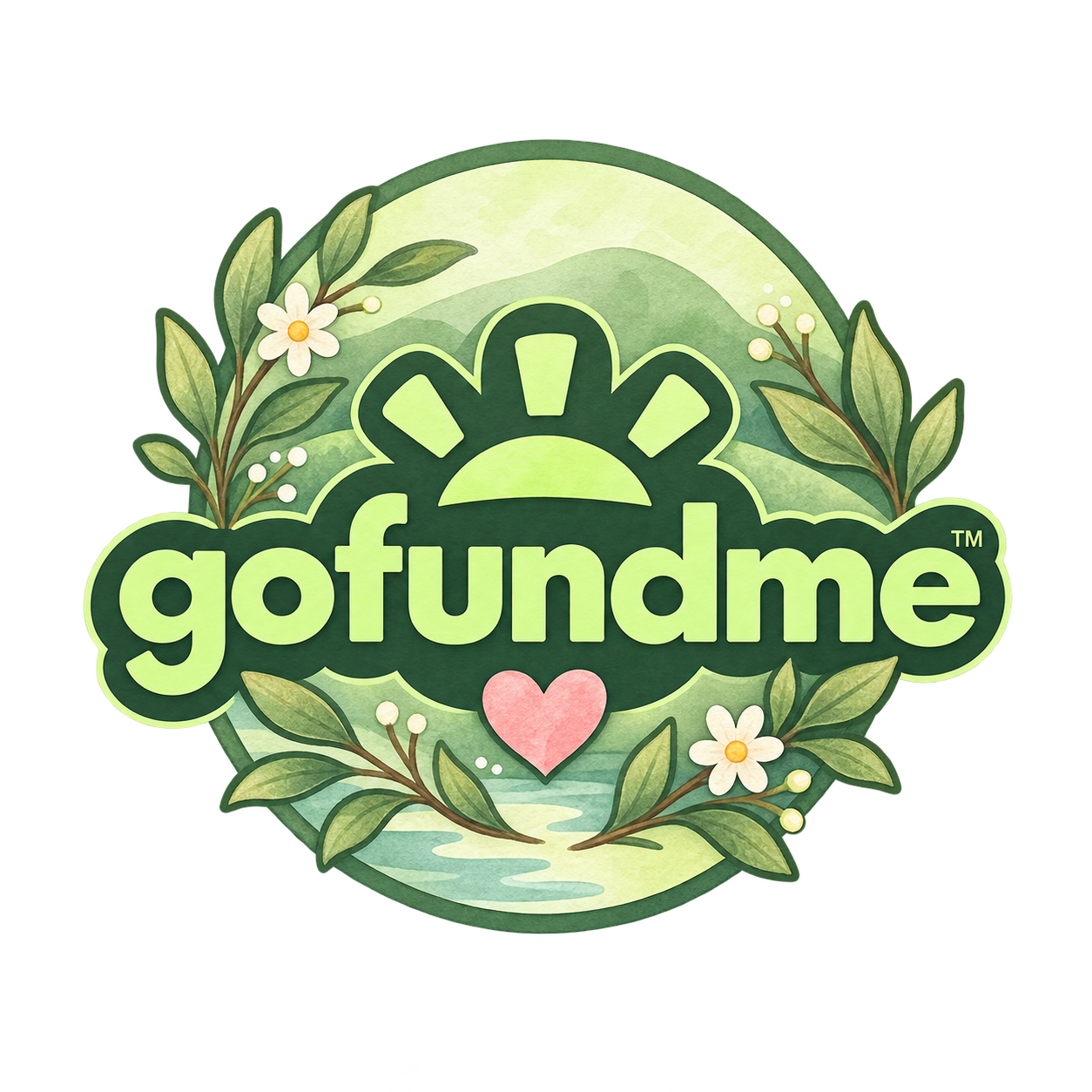 GoFundMe logo with green leaves, white flowers, a pink heart, and a sun symbol, in a nature-inspired design.