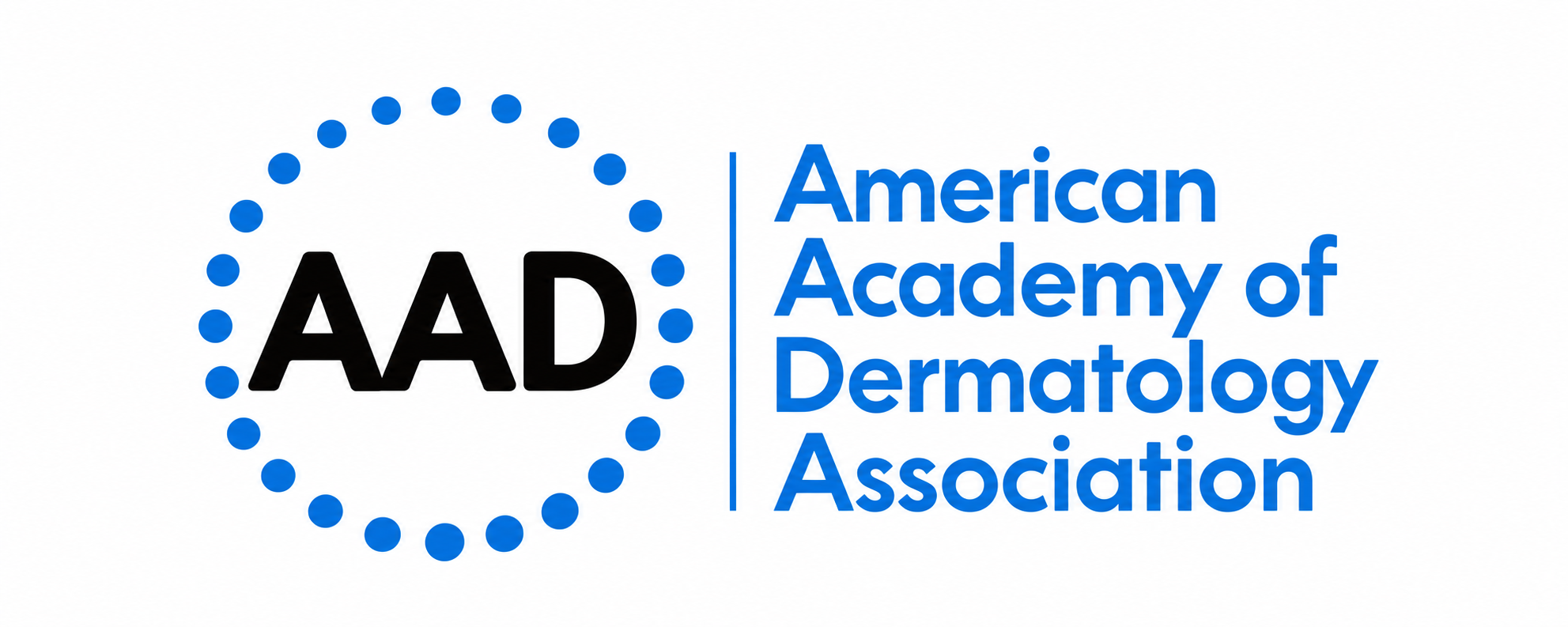Logo of the American Academy of Dermatology Association featuring a dashed blue circle and black letters "AAD" next to the organization name in blue text.