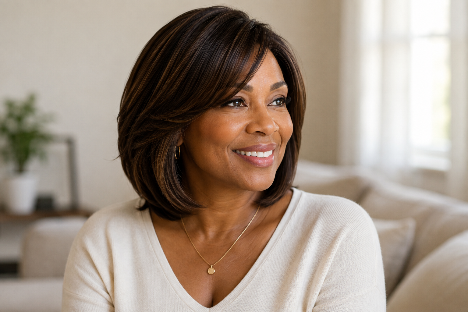Smiling woman with shoulder-length brown hair, wearing a white top, gold necklace, and hoop earrings, sitting in a cozy living room with beige walls and a window in the background.