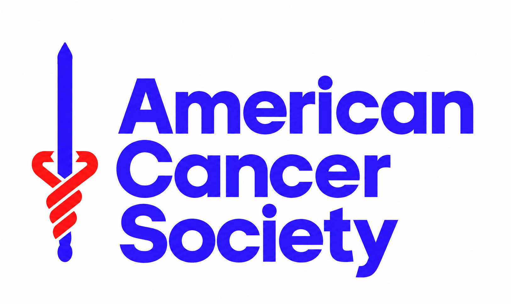 Logo of American Cancer Society featuring a blue medical staff symbol with a red ribbon forming the staff's curved part and blue text reading 'American Cancer Society'.