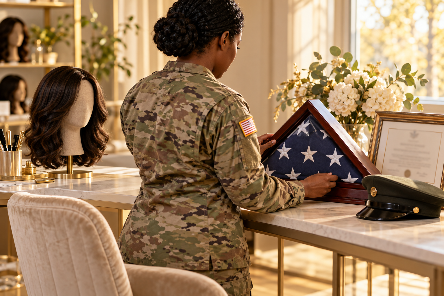 A woman in military uniform folding a folded American flag in a room decorated for a memorial or tribute, with a mannequin with a brown wig and curls and objects on a table in the background.