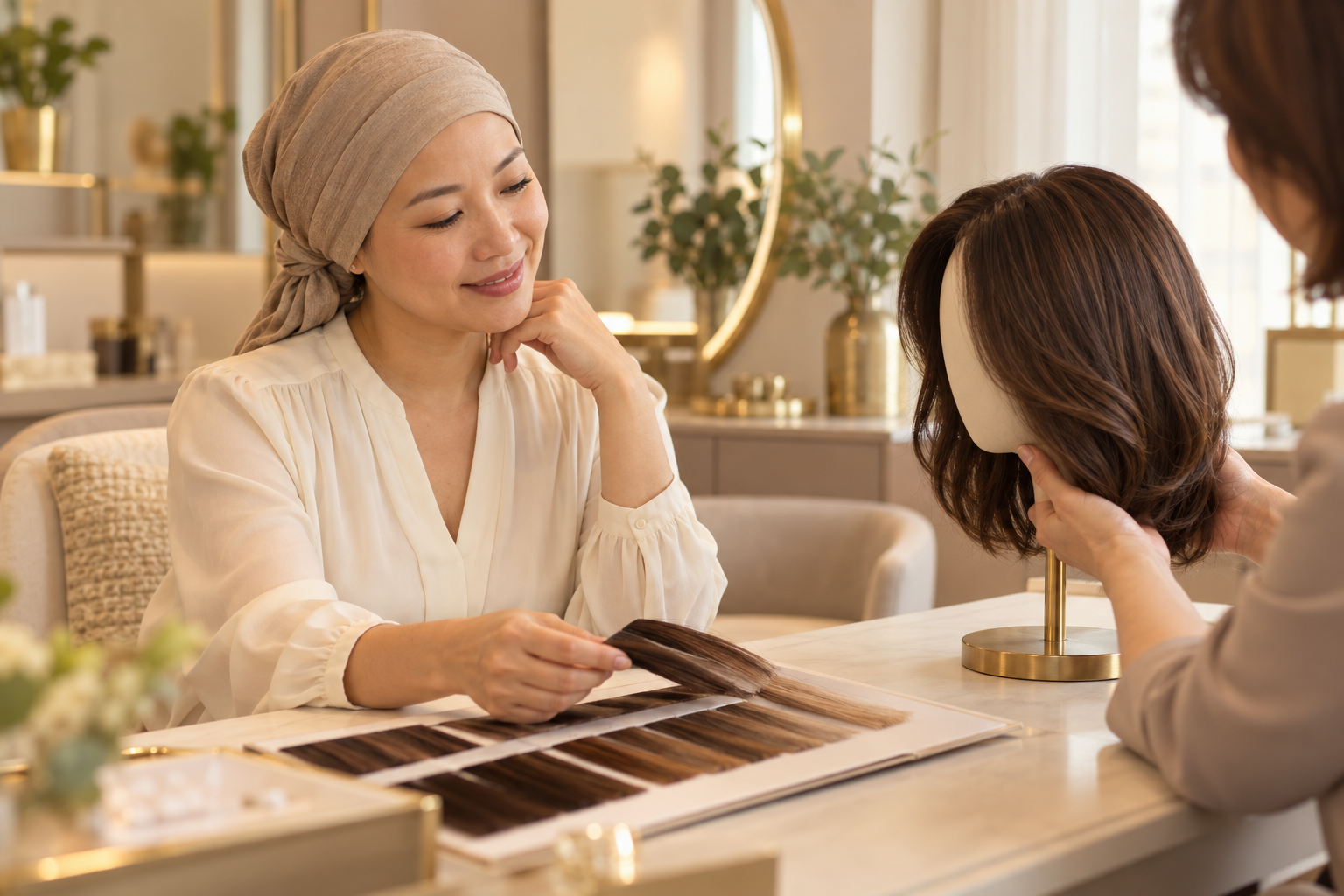 A woman at a consultation with a hair stylist, examining hair color samples and looking at a mannequin head with brown hair.