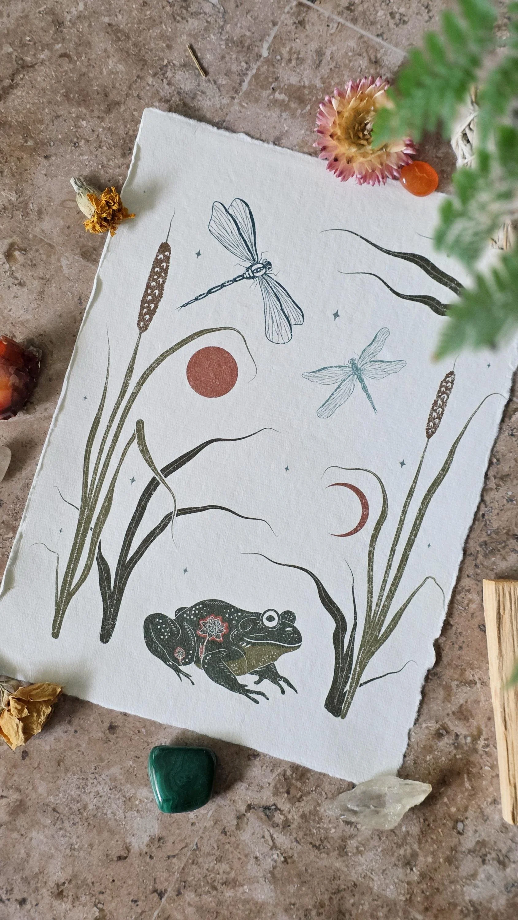 Frog, Lotus, and Dragonfly Print | 8x10 | Spiritual Art
