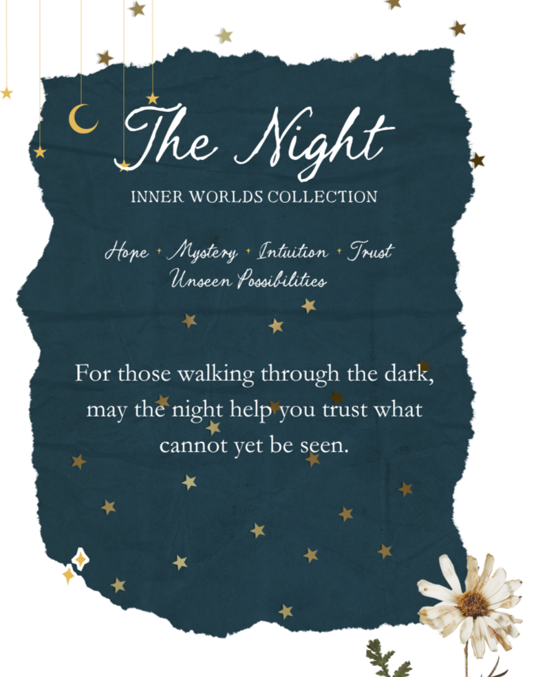 Decorative night-themed card with hanging stars and moon, featuring the quote: "The Night, Inner Worlds Collection, Hope, Mystery, Intuition, Trust, Unseen Possibilities. For those walking through the dark, may the night help you trust what cannot yet be seen."