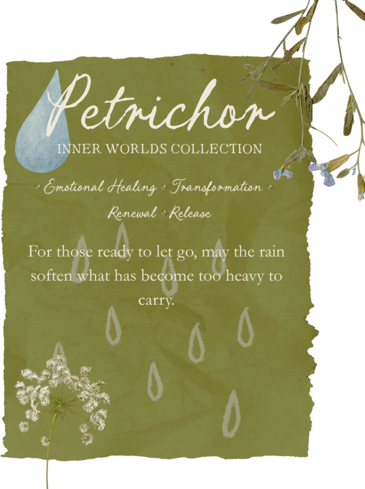 A green card titled 'Petrichor' from the Inner Worlds Collection with a water droplet logo. The card features guidance for emotional healing, transformation, renewal, and release. It has a message about letting go and softening the heaviness of rain, along with illustrations of raindrops and a small white flower in the lower left corner, and some sprigs of greenery at the top right.