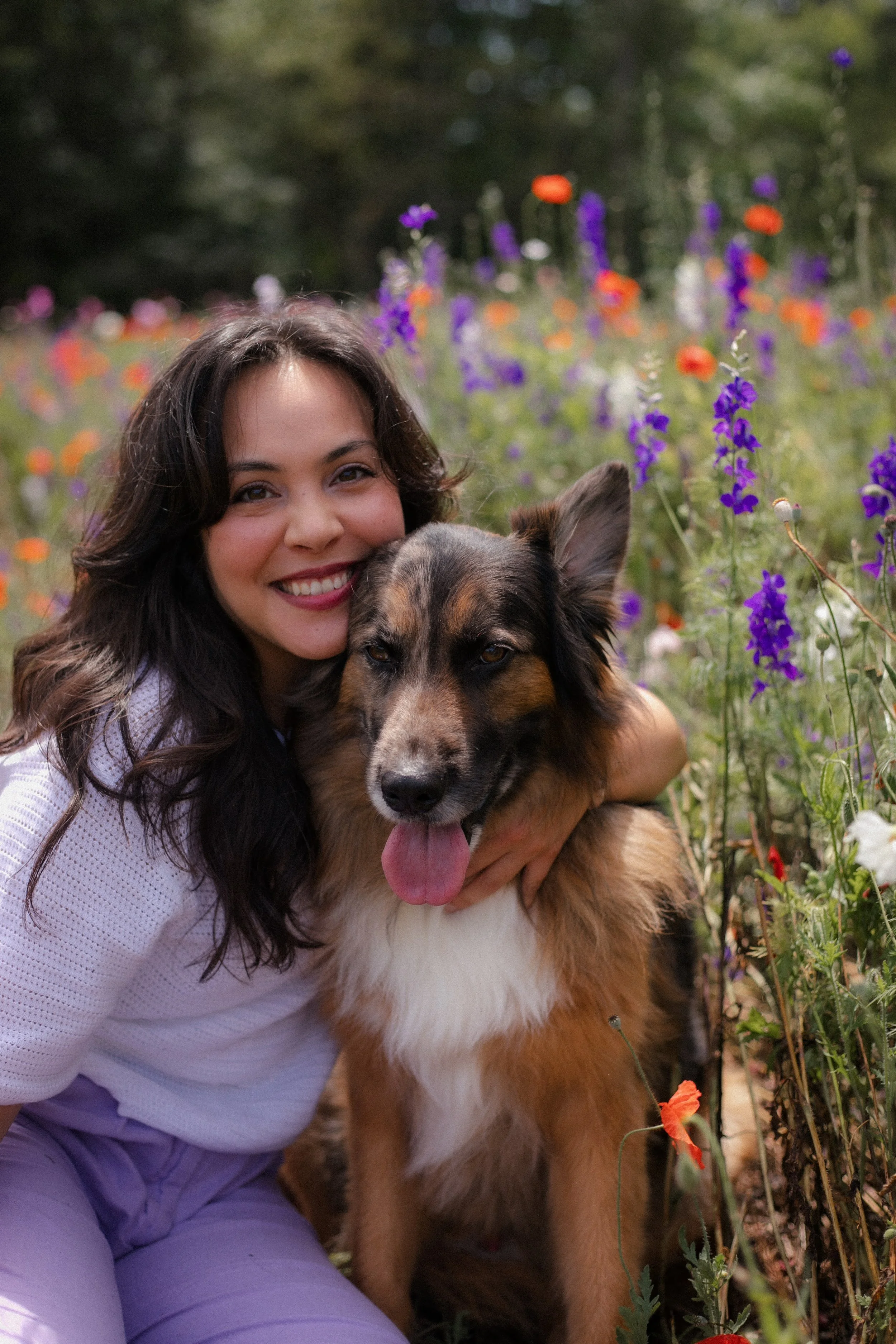A woman with long dark hair smiling and hugging a large Australian Shepherd dog with a merle coat, in a field of purple, red, and orange flowers with trees in the background.