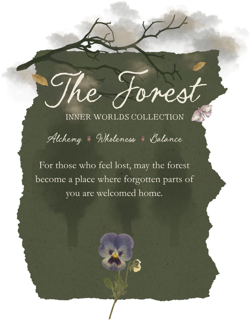 A decorative flyer for 'The Forest' Inner Worlds Collection, featuring a tree branch silhouetted against cloudy sky, with text about esoteric themes like alchemy, wholeness, and balance, and a small flower at the bottom.