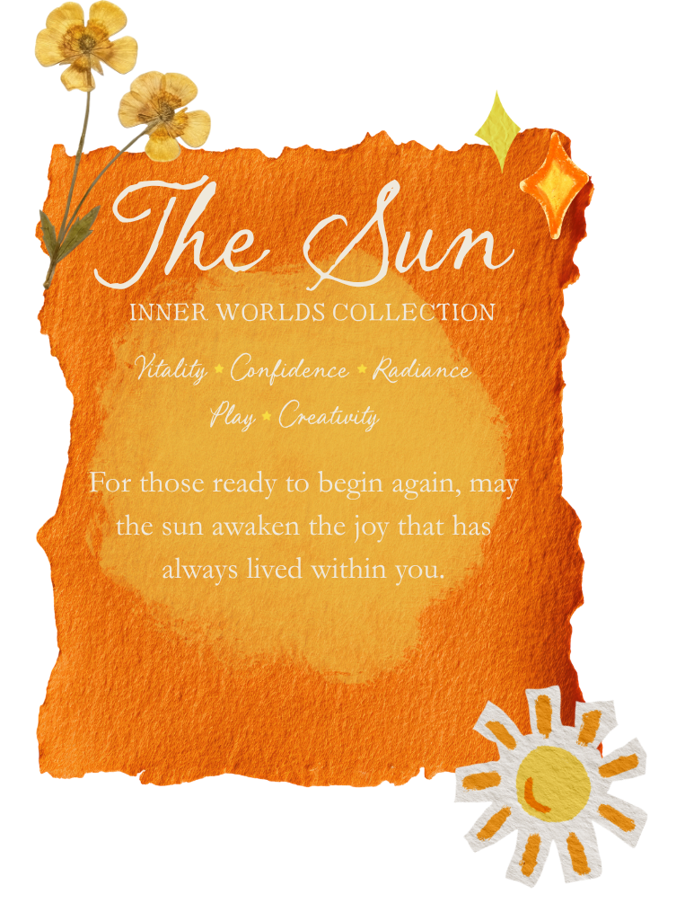Decorative card with a warm orange background, featuring dried flowers in the top left corner and a stylized sun illustration in the bottom right corner. The card contains text about 'The Sun' from the Inner Worlds Collection, emphasizing vitality, confidence, radiance, play, and creativity, with a message about awakening joy within.